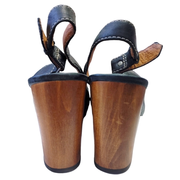 Fossil Black Leather Peep Toe Buckle Ankle  Wooden Block Heels Women's Size 10 - Picture 7 of 12